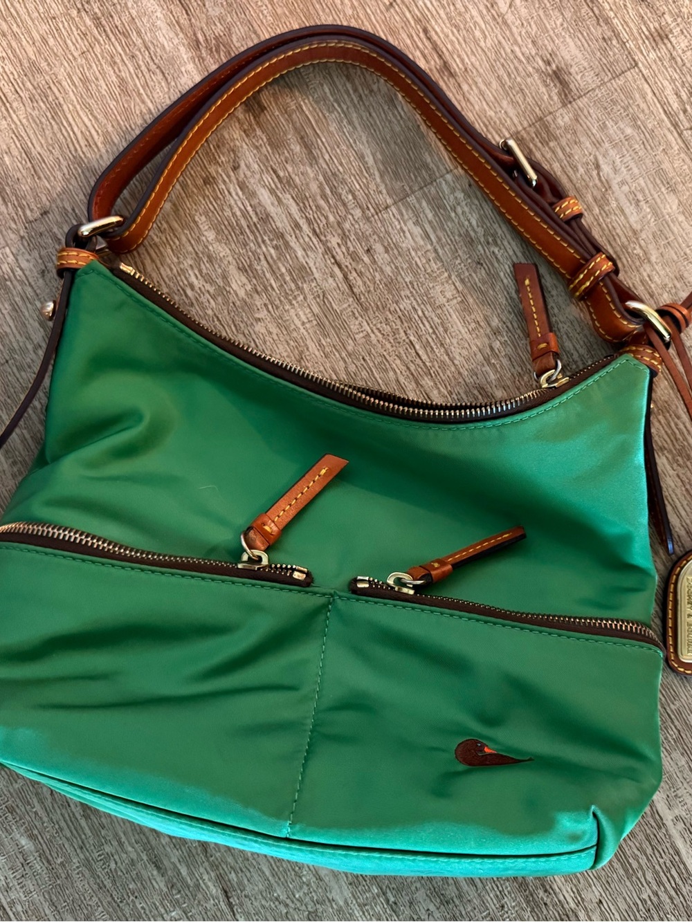Dooney & Bourke Green Nylon Shoulder Bag with Brown Leather Trim